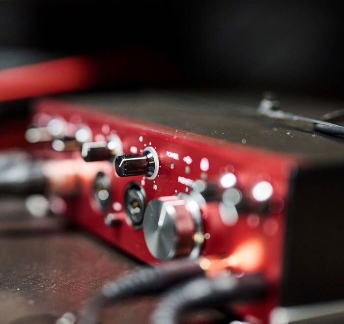 Focusrite Clarett 4Pre+ sound card in recording studio 