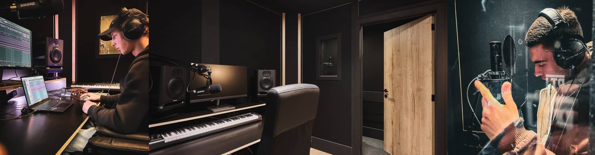 Audio production studio with beatmakers, recording equipment, and singer in booth. | © Plug The Jack