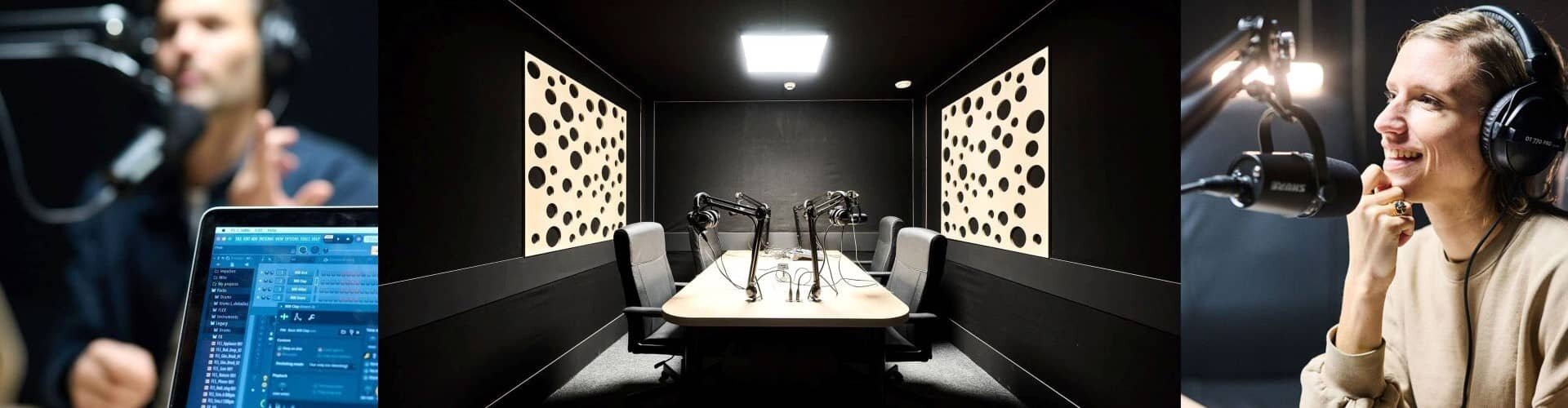 Man and woman creating a podcast in a modern podcast studio with microphones and computer. | © Plug The Jack